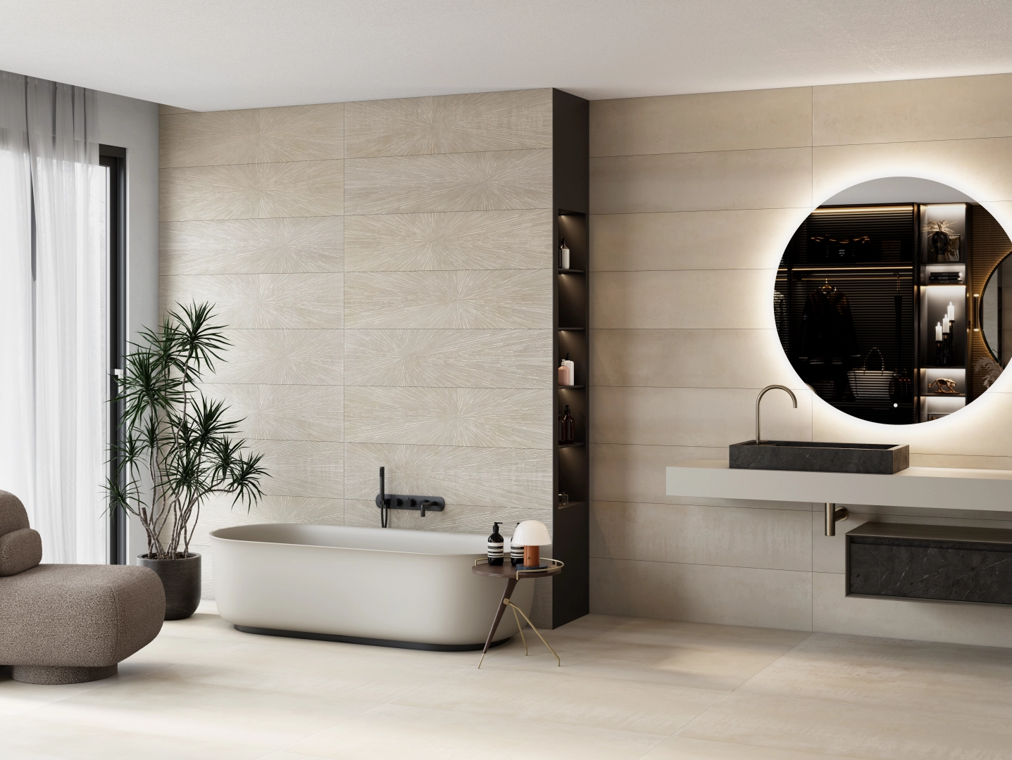 Salle de bain terminée avec baignoire, miroir rond éclairé et meuble vasque