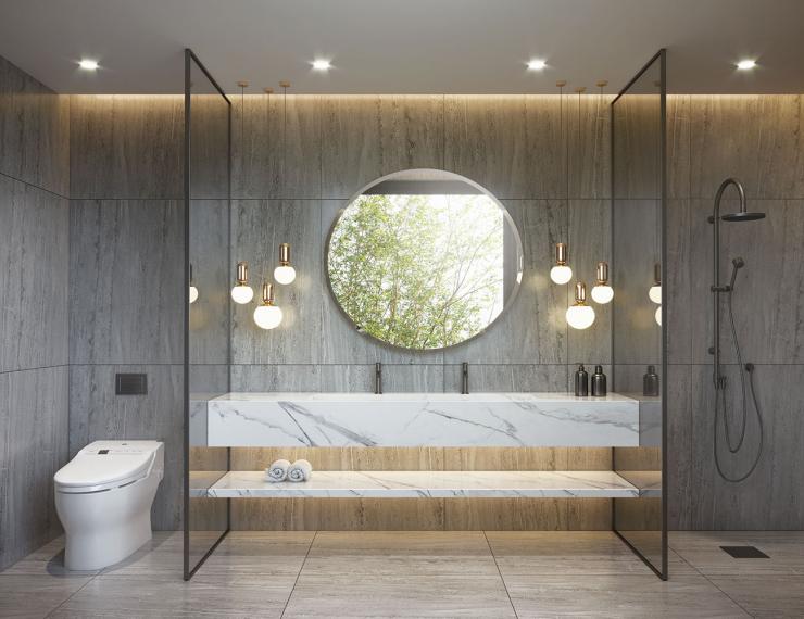 Salle de bain design avec grande douche, WC et long meuble vasque